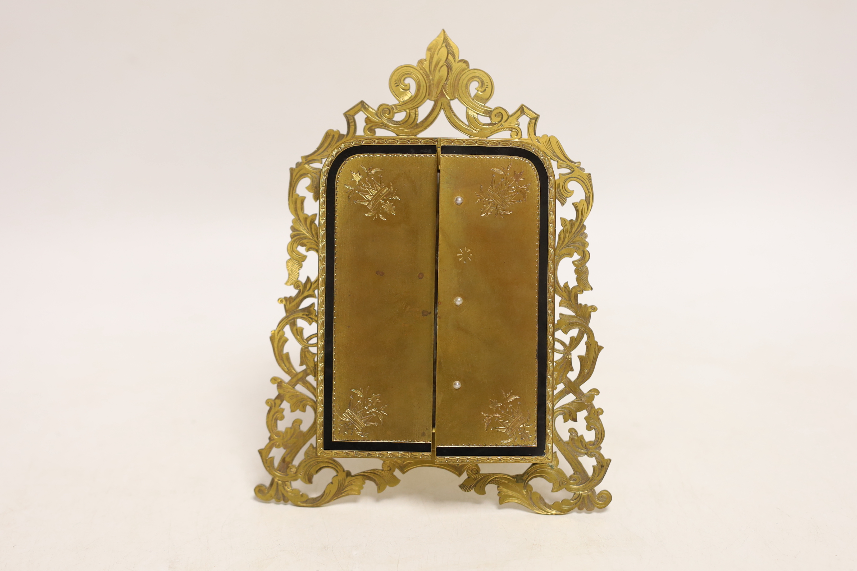 A French Palais Royale easel enamel plaque, inscribed ’’Fontaine de L'amitie’’ [fountain of friendship], retailed by Rodrigues of Piccadilly, 16.5cm high
